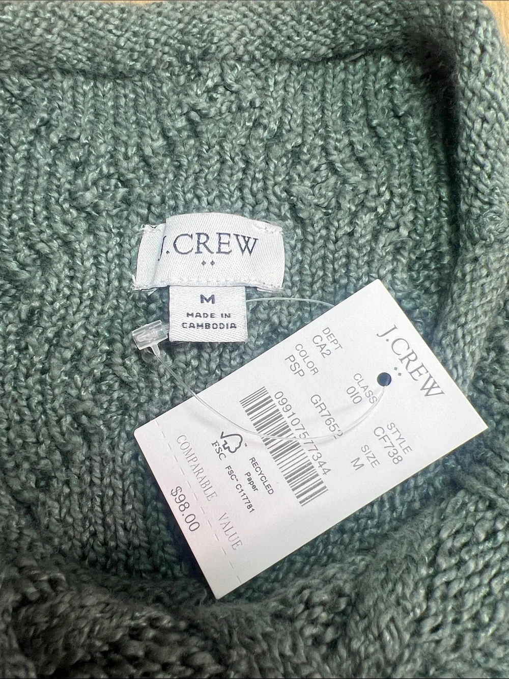J. Crew Cable-Knit Crewneck Sweater in Sage Green size M